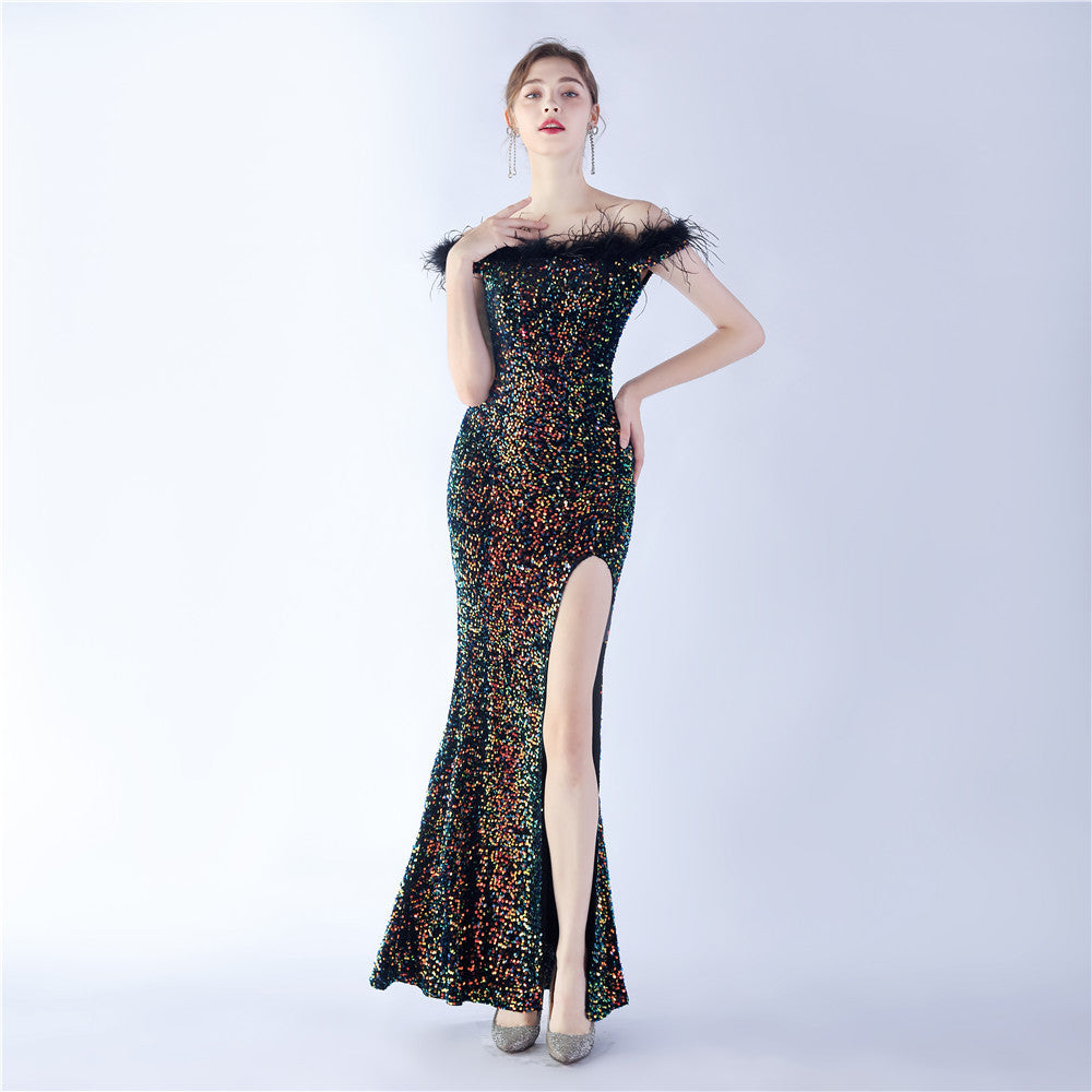 Women Sequined Ostrich Feather Off Shoulder Evening Gown 16
