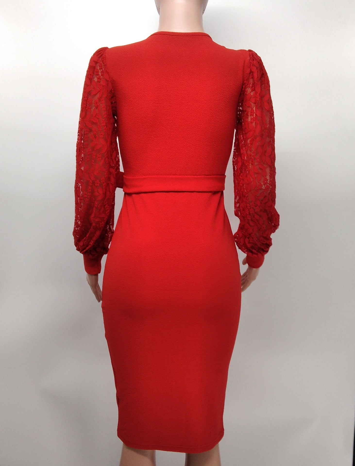 Women'S Fashion Solid Color Lace Lantern Sleeve Slim Midi Bodycon Dress 12
