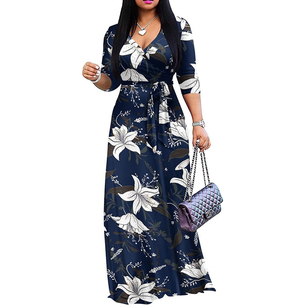 Women Casual Floral Printed V-Neck Half-Sleeve Maxi Dress 8