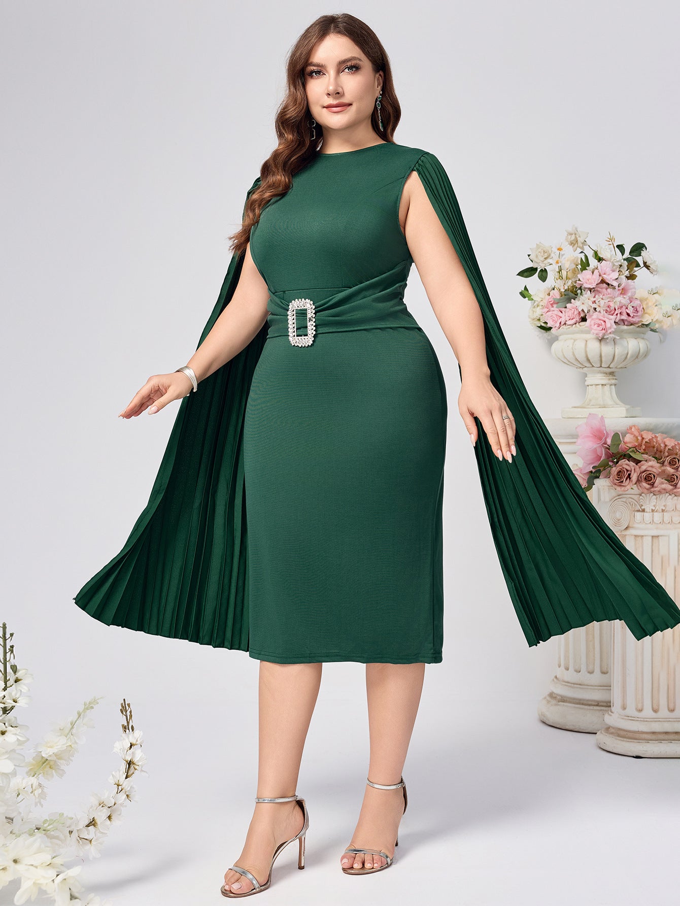 Plus Size African Women Fall/Winter Solid Bodycon Cape Dress 10