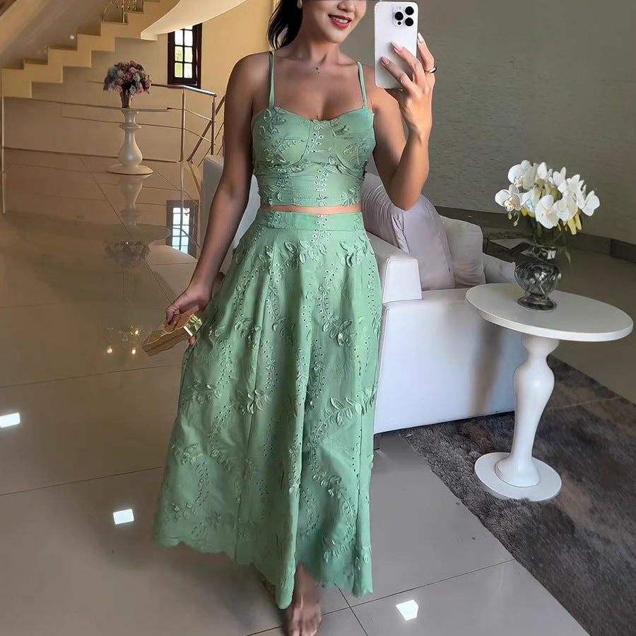 Women Spring Summer Strap Top Lace Casual Holidays Skirt Two-piece Set