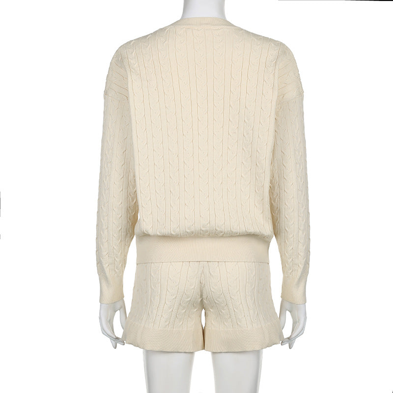 Comfortable Casual Solid Color Sweater Suit Autumn Round Neck Loose Top High Waist Shorts Two-Piece Trendy Set 12