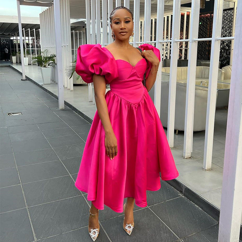 Women's Winter And Spring Fashion Square Neck Puff Sleeve Solid Color Slim Waist Maxi Dress 5