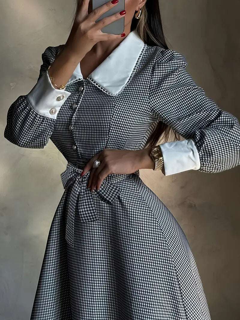 Women French Elegant Houndstooth Autumn Lace-Up Dress 4