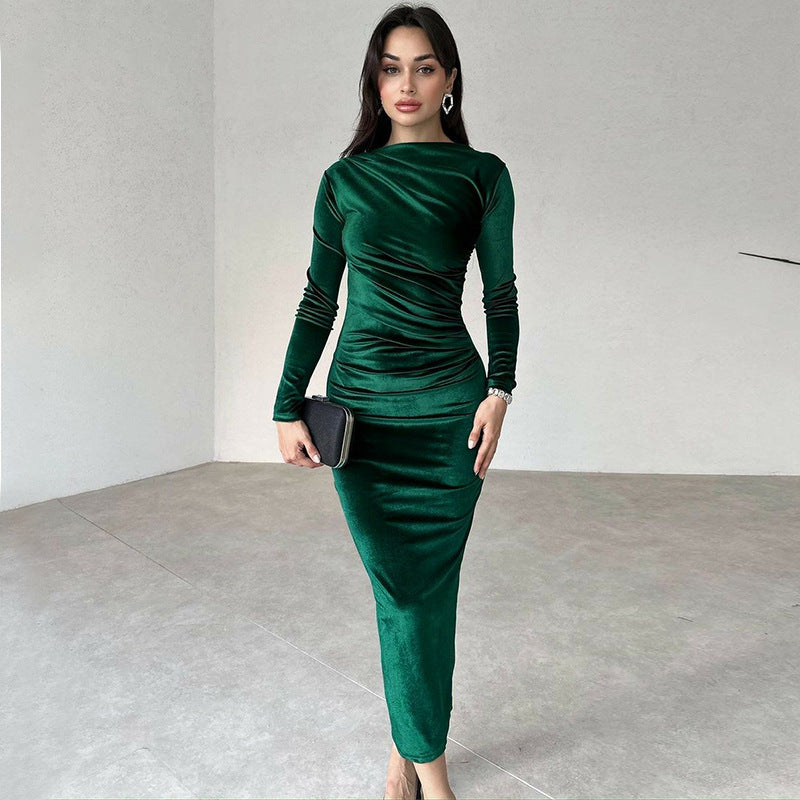 Women's Winter Fashion Solid Color Slim Pleated Round Neck Long Sleeve Dress 5