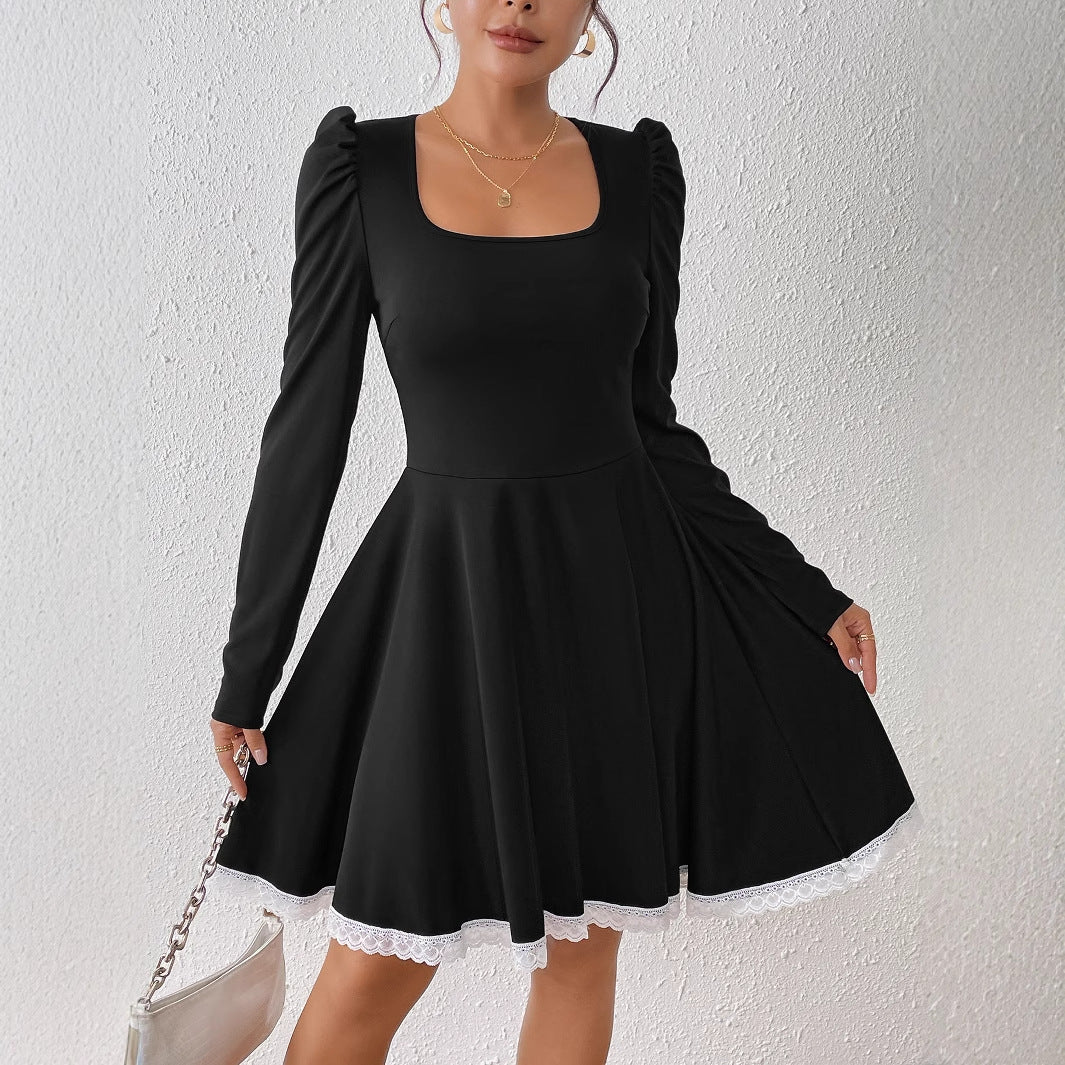 Chic Square Collar Long Sleeve Women Lace Patchwork Slim Waist A-Line Dress 4