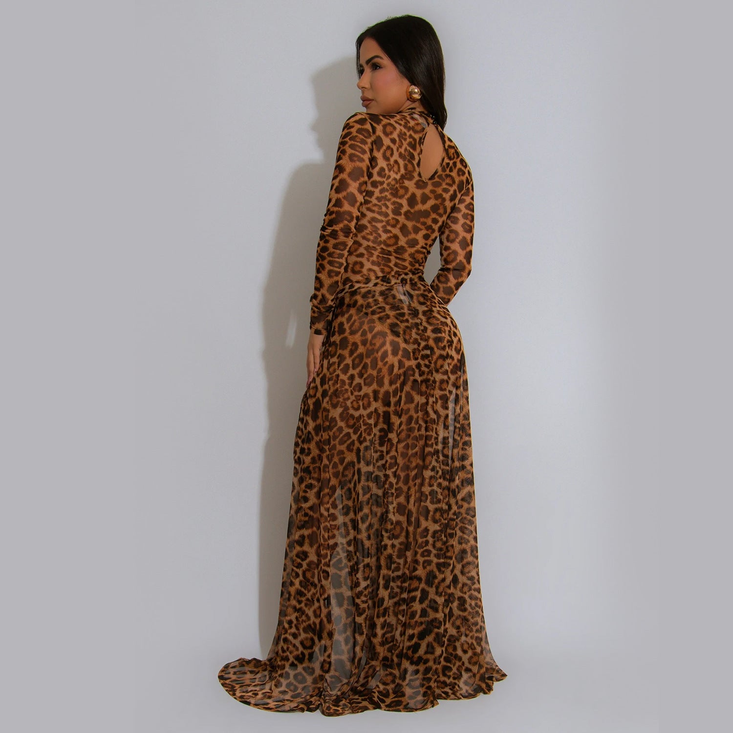 Women Sexy Leopard Print Long Sleeve Slit Dress 3