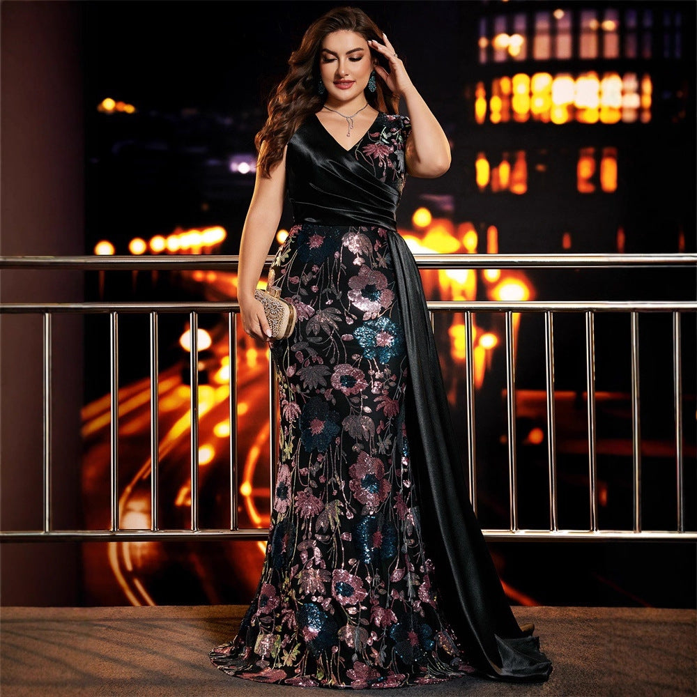 Plus Size Elegant Sequins Patchwork Fitted V-Neck Cocktail Dress Mother of the Bride Gown 7