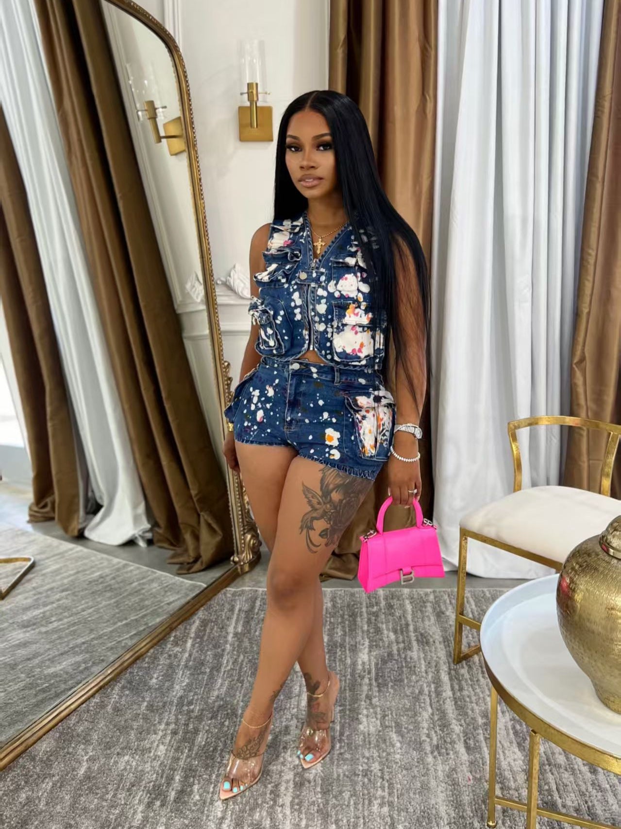 Printed Multi-Pocket Denim Vest Shorts Two Piece Set 5