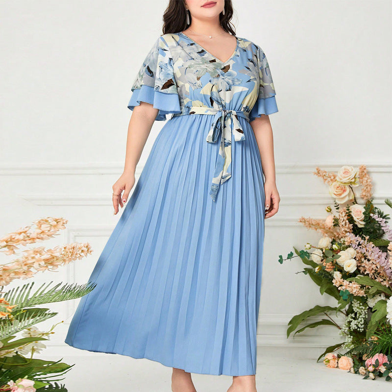 Plus size Women trendy pleated summer print v-neck dress 4