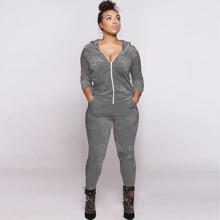 Women Fall and Winter Casual Velvet Hooded Zippered Top Long Pants Two-piece Set 5