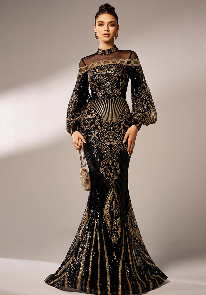 Long Sleeve Round Neck Long Sequin Formal Party Mesh Fishtail Evening Dress Bridesmaid Dress