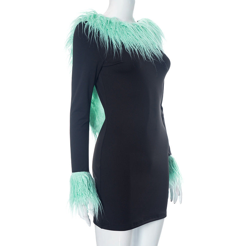 Women's Autumn Fur Collar Patchwork Solid Color Casual Low Back Long Sleeve Slim Dress 10