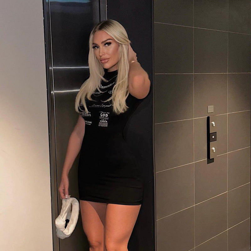 Summer Solid Color Round Neck Short Sleeve Letter Print Slim Mini Dress 3