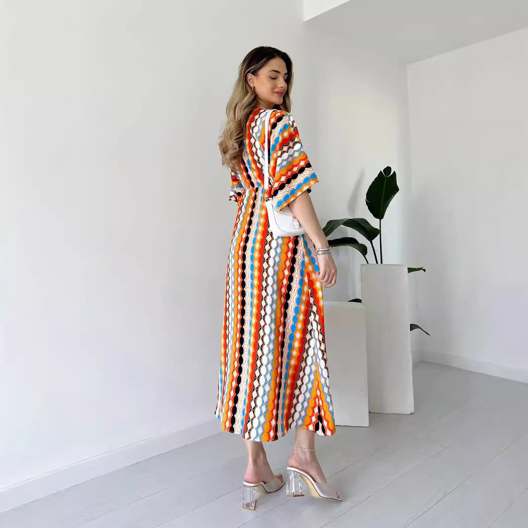 Women's fashion Holidays style striped print v-neck long dress 4