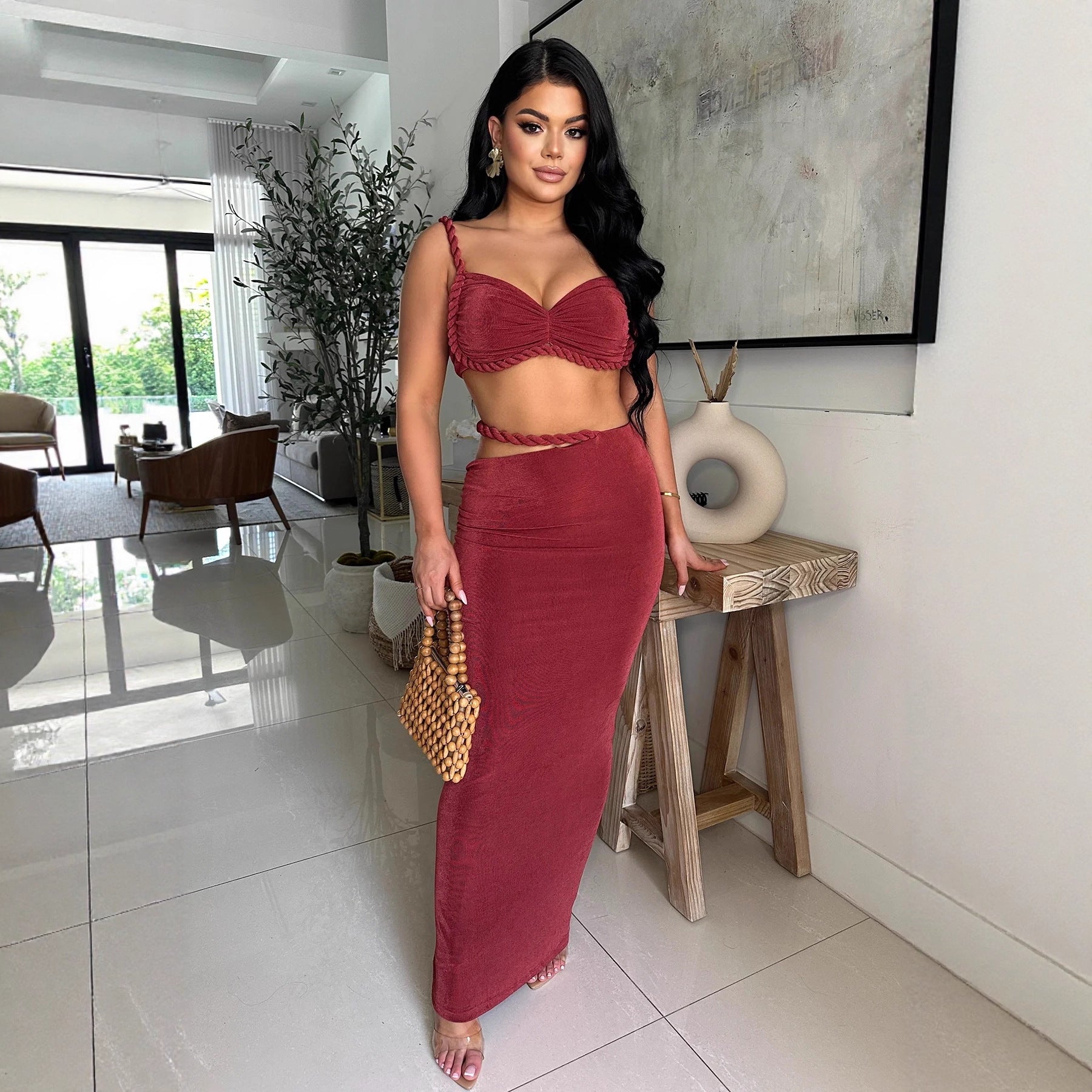 Casual Strap Crop Top High-Waist Hollow Long Skirt Two-Piece Set 8
