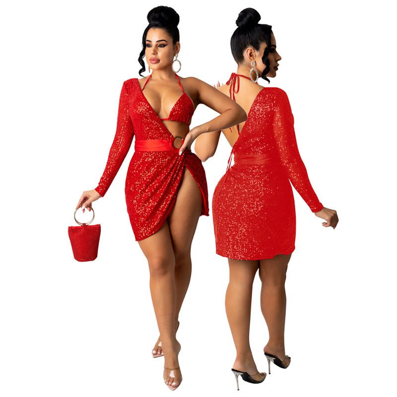 Skirt Summer Women's Sequin Bra Long Sleeve Low Back Dress Nightclub Two Piece Set