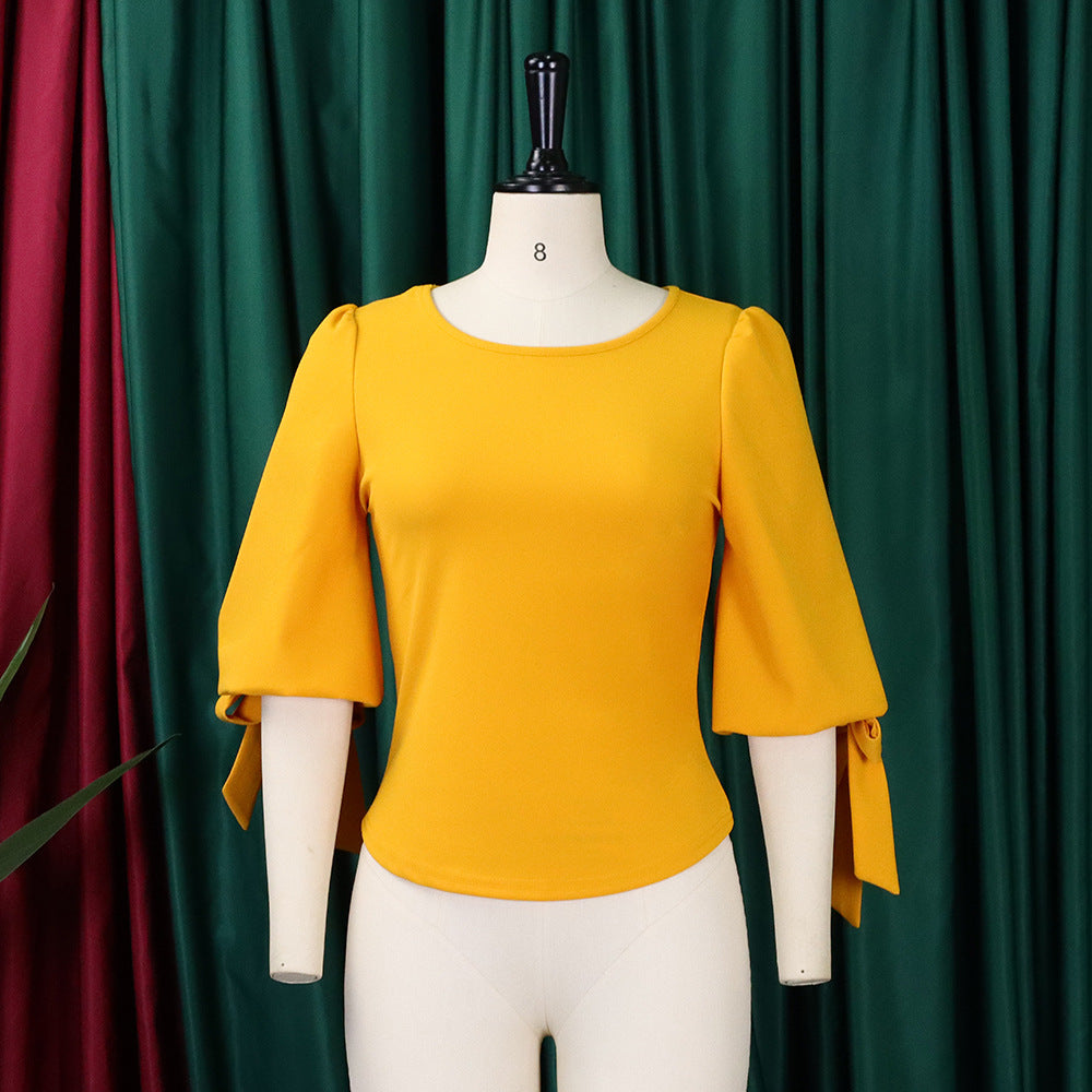 Women's Spring Fashion Chic Slim Fit Solid Lace-Up Bubble Sleeve Shirt 17