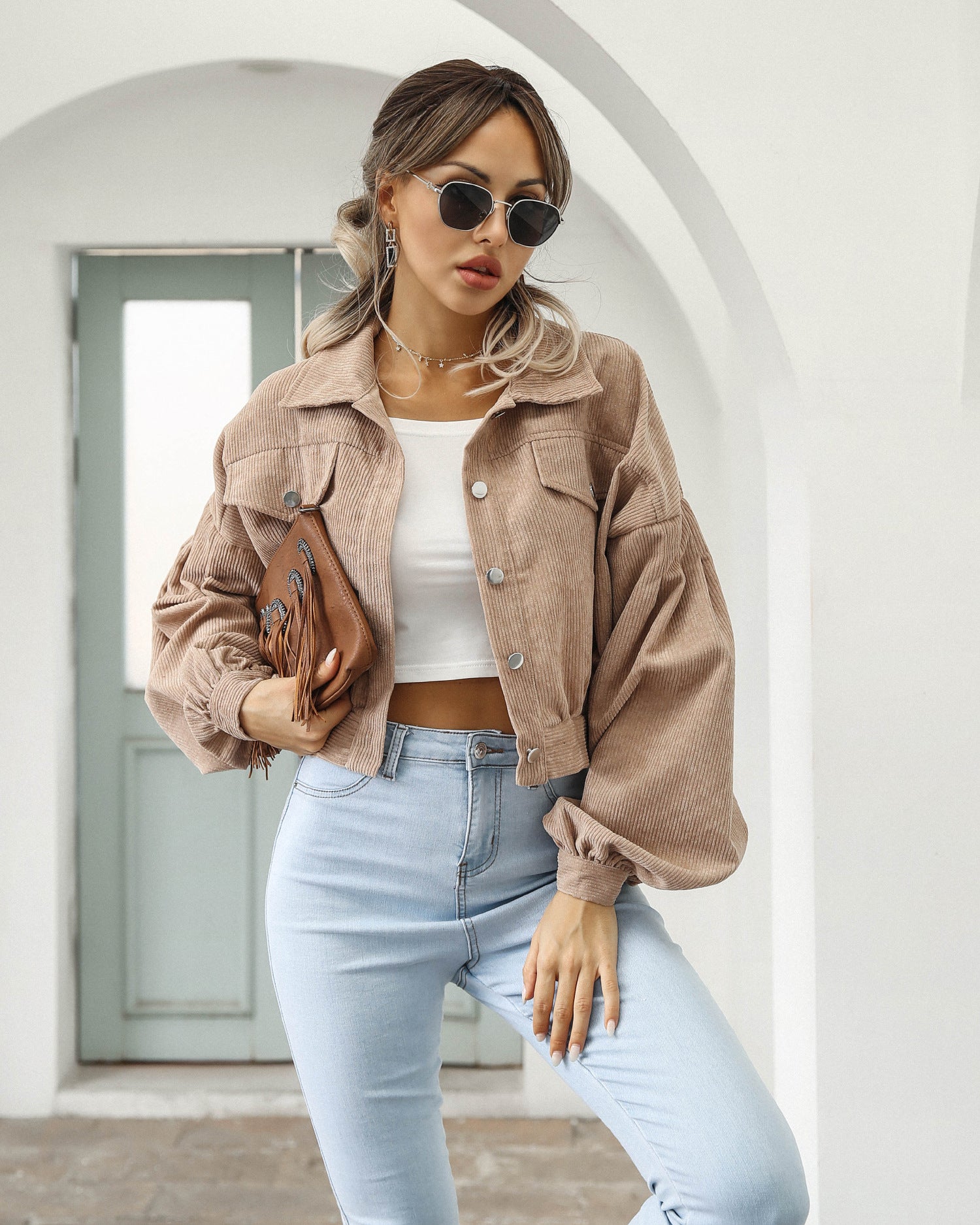 Women Casual Turndown Collar Corduroy Balloon Sleeve Single Breasted Crop Jacket