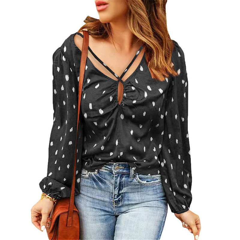 Women'S Fall Polka Dot Printed Shirt V-Neck Cross Drawstring Print Puff Sleeve Top 7