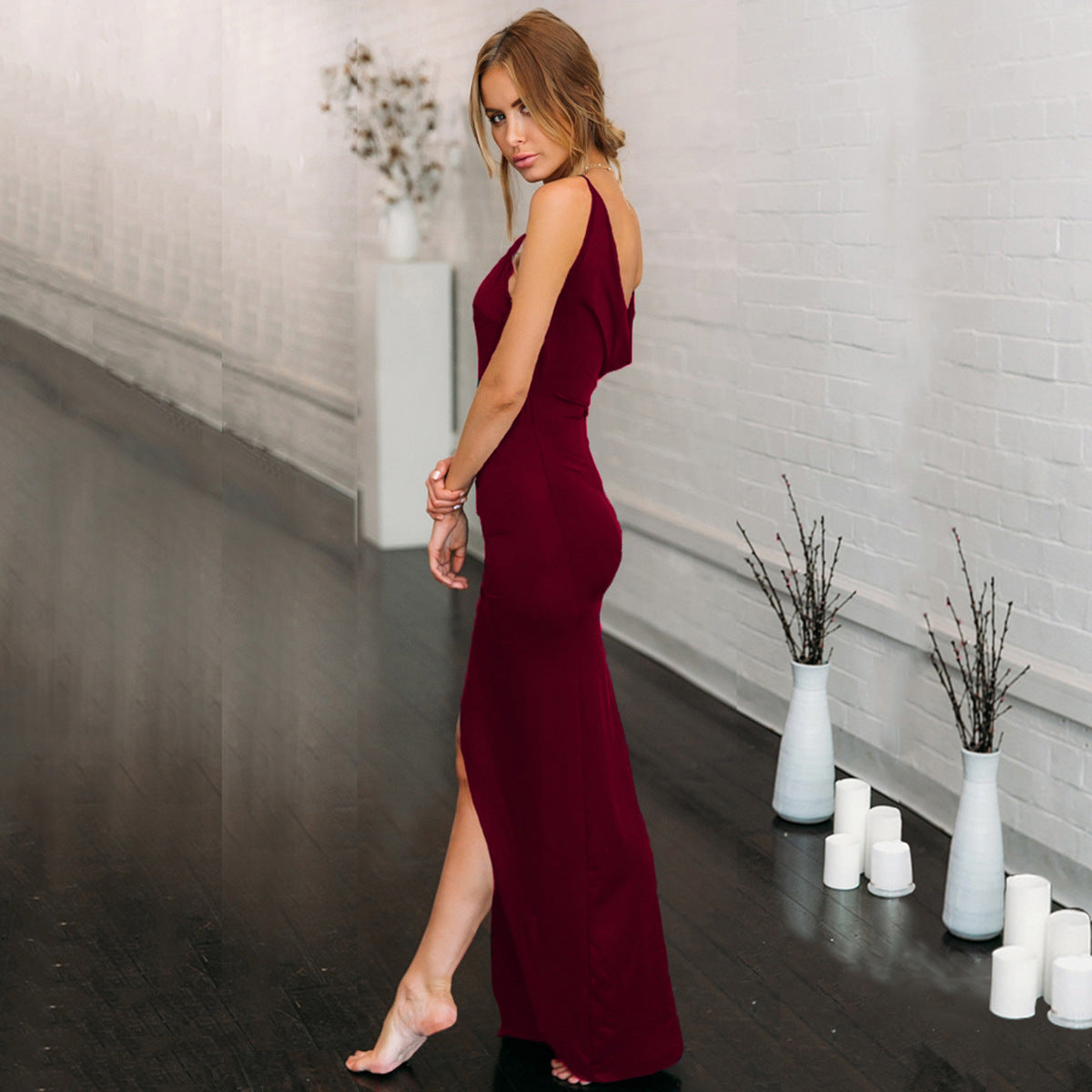 Women V-Neck Sexy Backless Slit Strap Dress 7