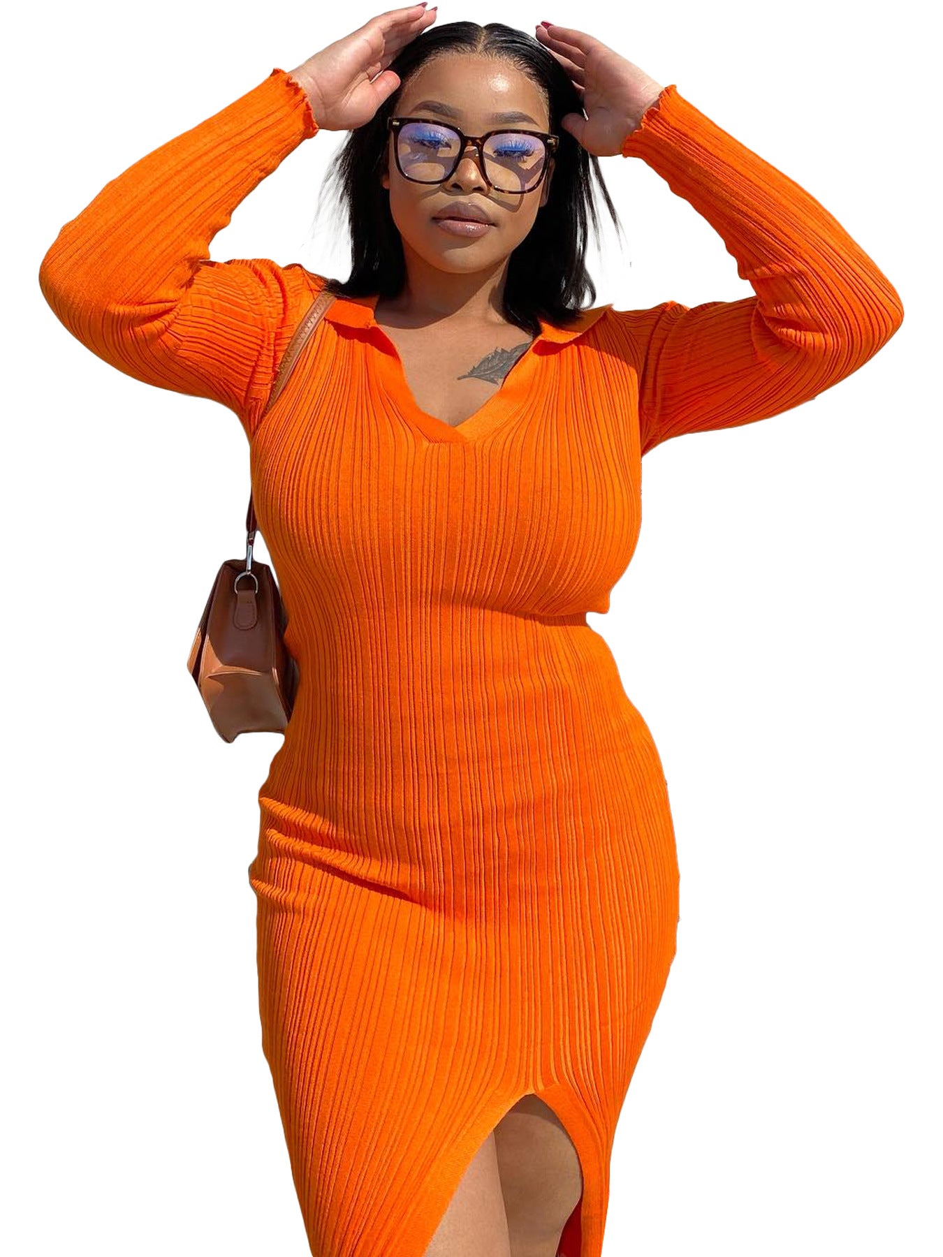 Women Polo Neck Slit Solid Dress 7