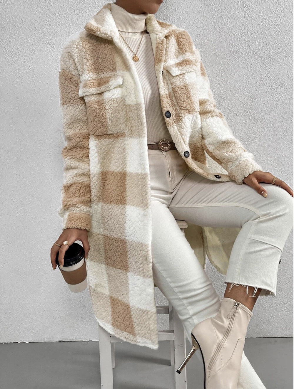 Autumn And Winter Open Button Turndown Collar Plush Plaid Coat Loose Chic Long Jeacket For Women 6
