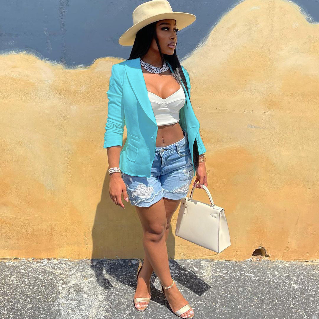 Women Solid Pocket Button Blazer 6