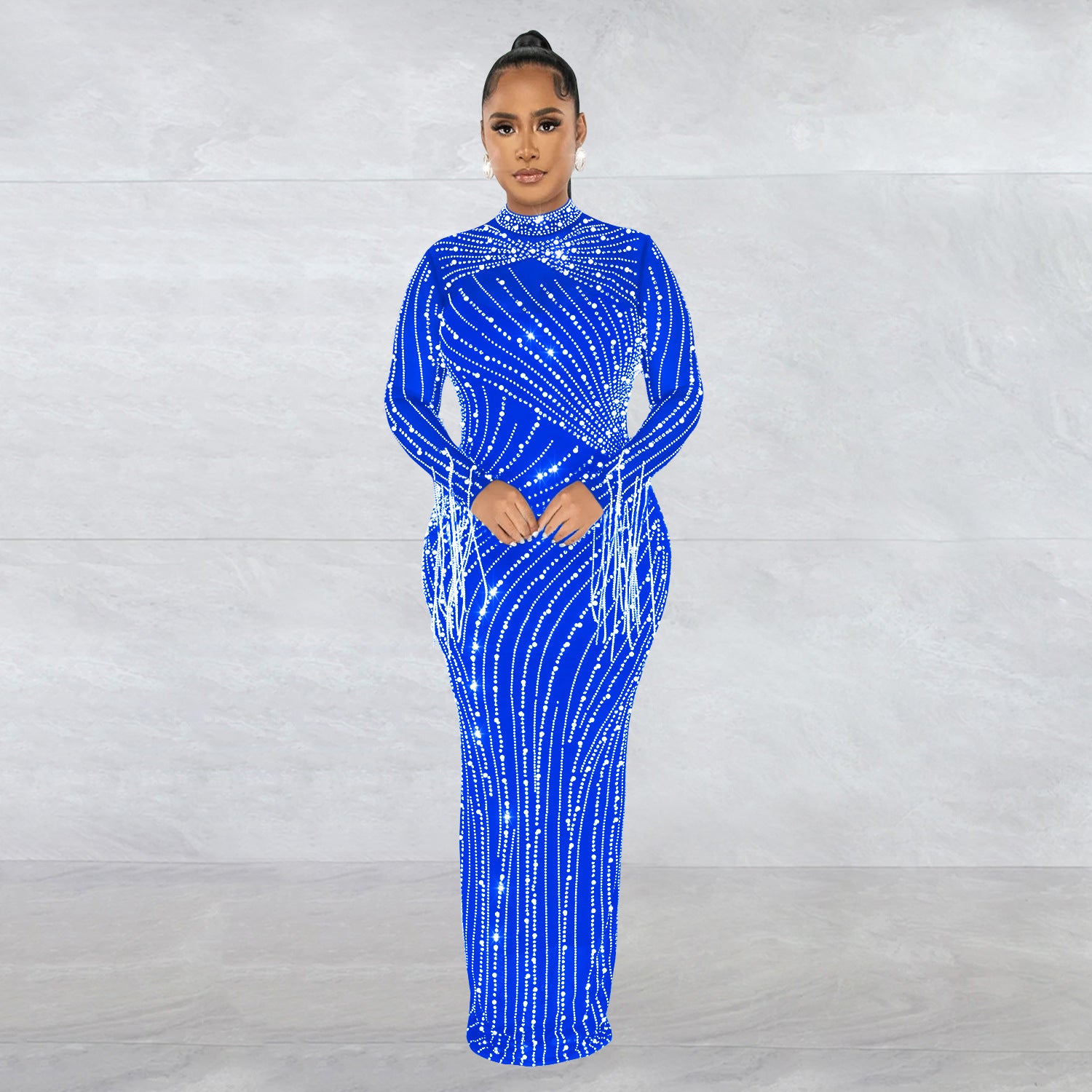 Women Mesh See-Through Beaded Long Sleeve Maxi Dress Set 6