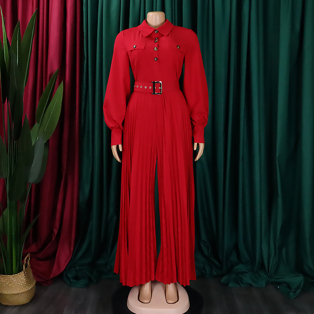 Women's Fall Winter Long Sleeve Casual Loose Pleated Wide Leg Jumpsuit with Belt 14