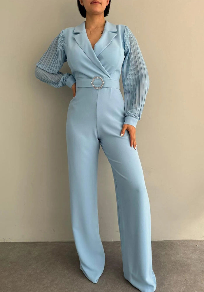 Women Career pleated long sleeve Patchwork Turndown Collar belt wide leg jumpsuit