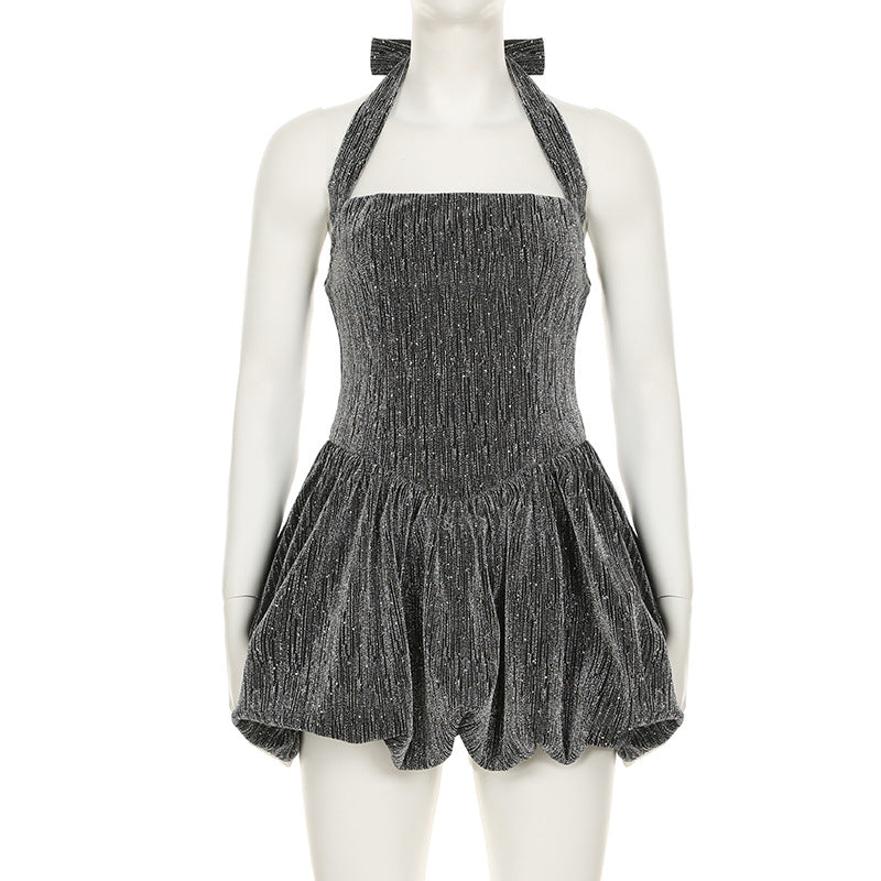 Fashion Dinner Style Shiny Halter Neck Strapless Slim Waist A-Line Bubble Party Short Dress 9