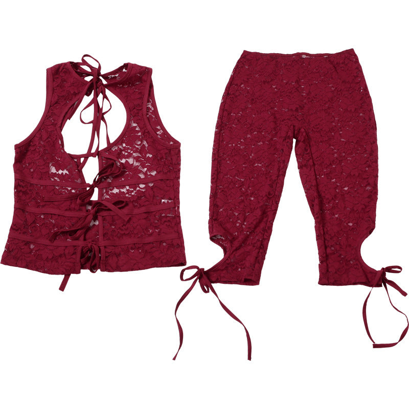 Summer fashion sexy low-cut lace Patchwork two piece shorts set for women 17