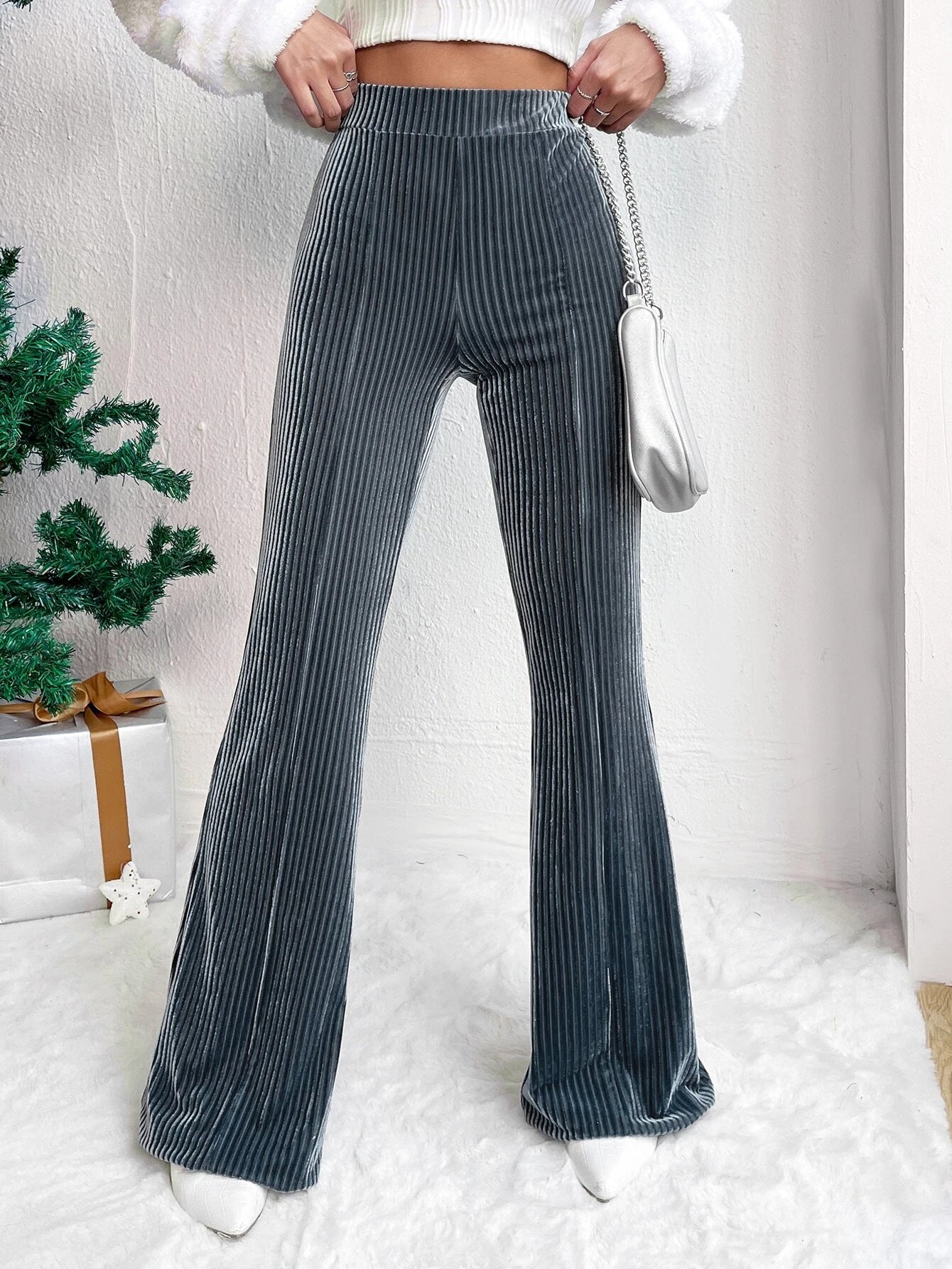 Autumn Winter Women High Waist Corduroy Bell Bottom Pants Solid Color Casual Wide-Leg Long Sweatpants 5