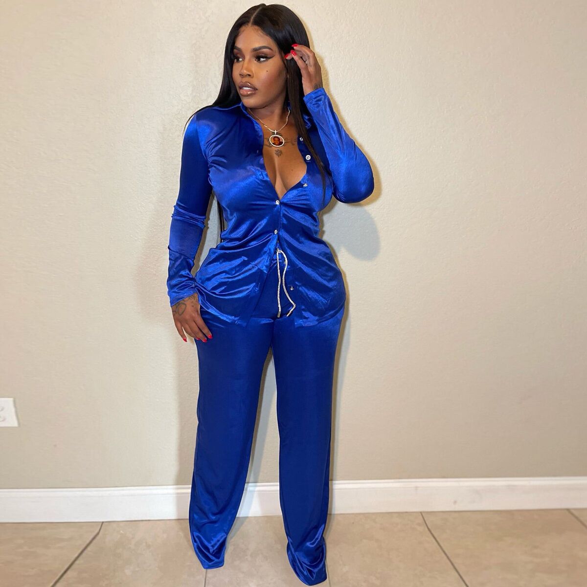 Fashion Stretch Solid Satin Long Sleeve Casual Two Piece Pants Set