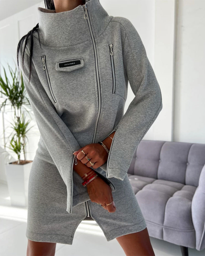 Women autumn gray high collar zipper dress