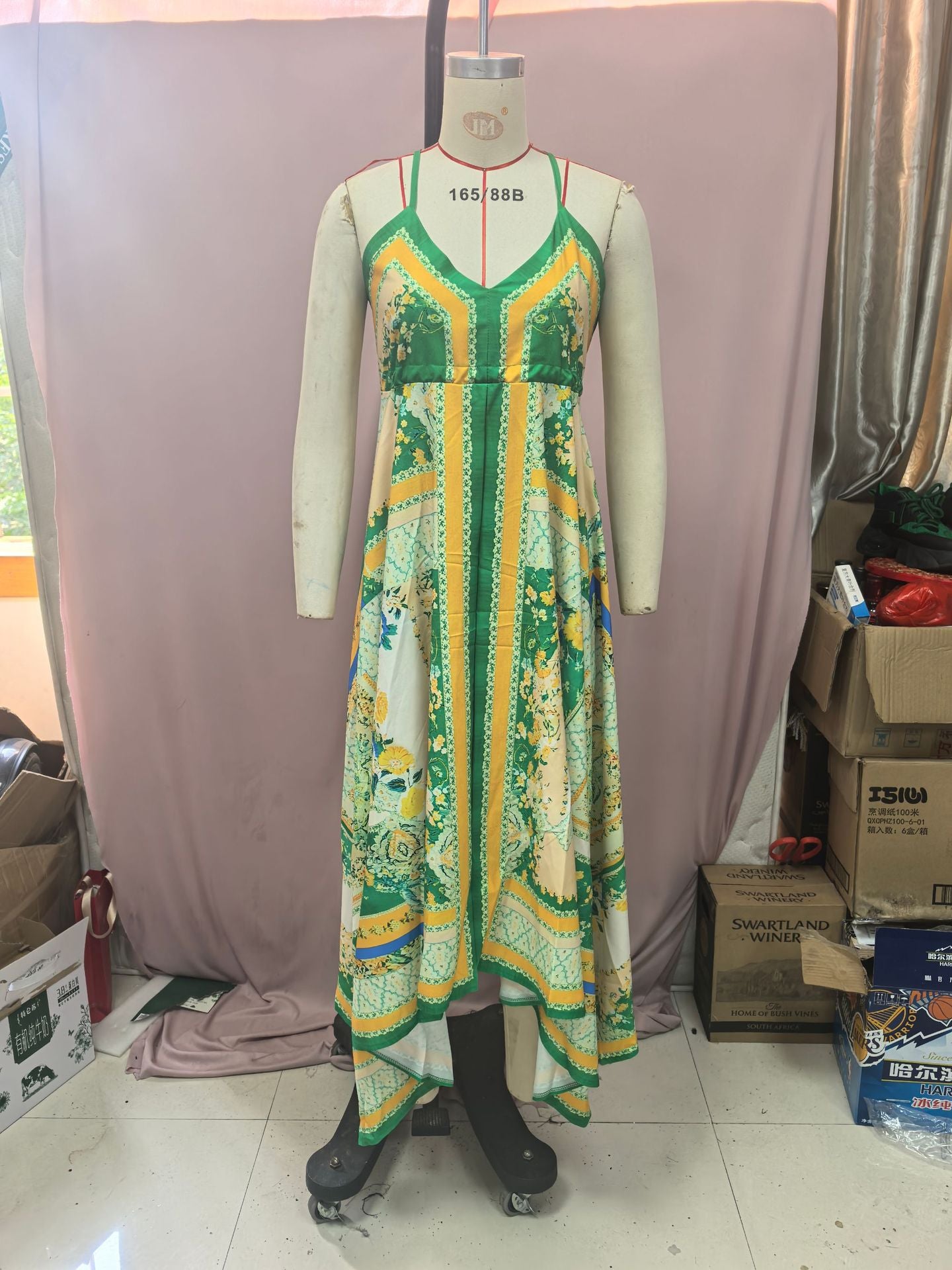 Women Spring/Summer Off-The-Shoulder V-Neck Strappy Print Dress 9