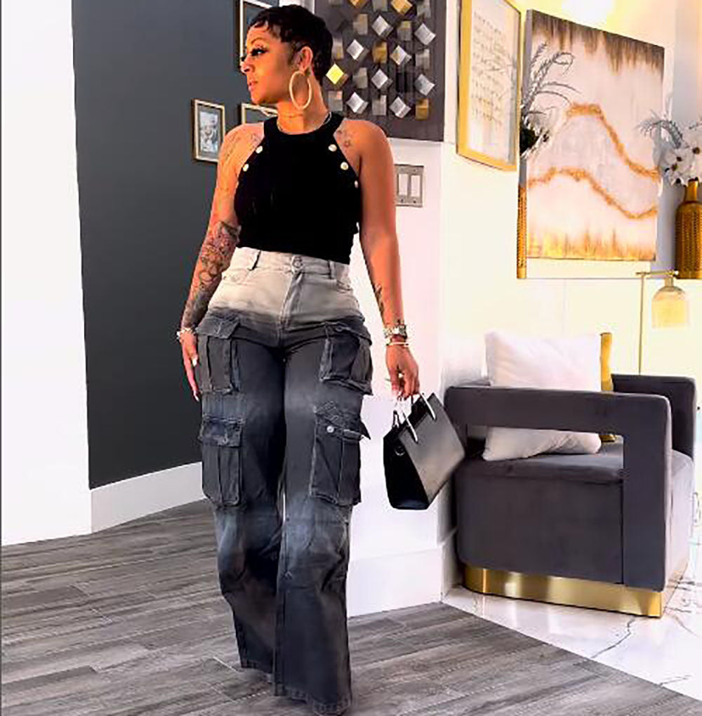 Women's High-Waist Multi-Pocket Gradient Denim Wide-Leg Pants 7