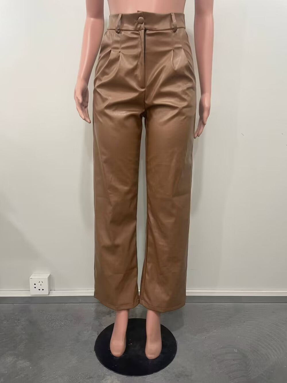 Women Casual pu-Leather Pocket Loose Wide Leg Pants 11