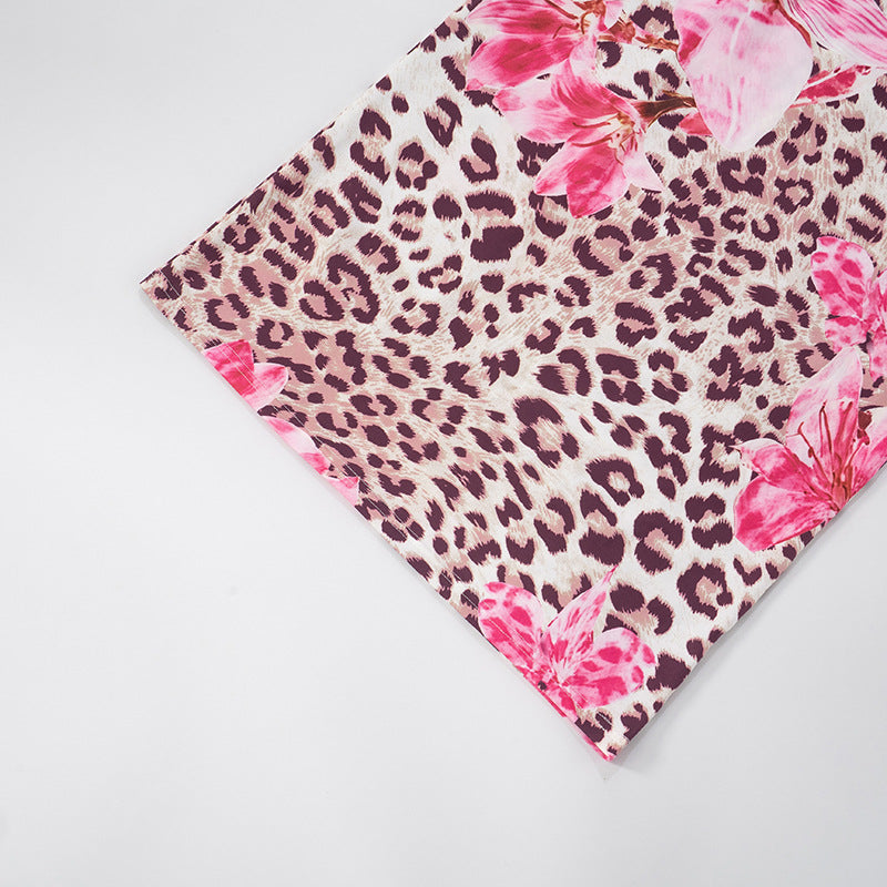 Women's Chic Flower Leopard Print V-neck Low Back Slim Long Dress 24