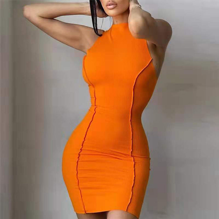 Summer Ladies Round Neck Sleeveless Solid Color Fashion Slim Bodycon Dress 3