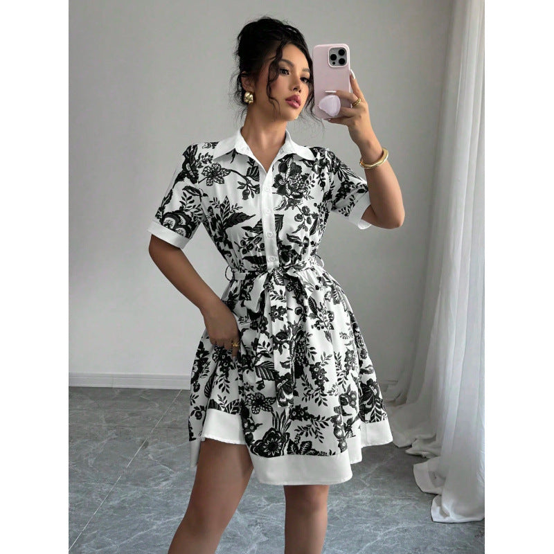 Fashion Slim Waist Printed Belt Short Sleeve Dress 7