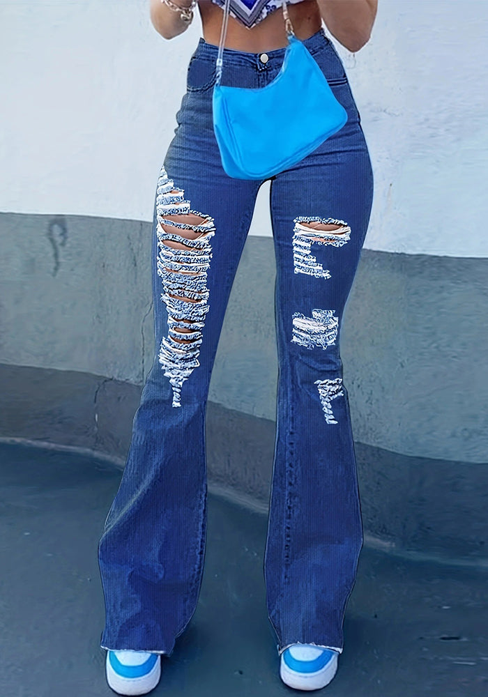 Women Ripped Denim Bell Bottom Pants