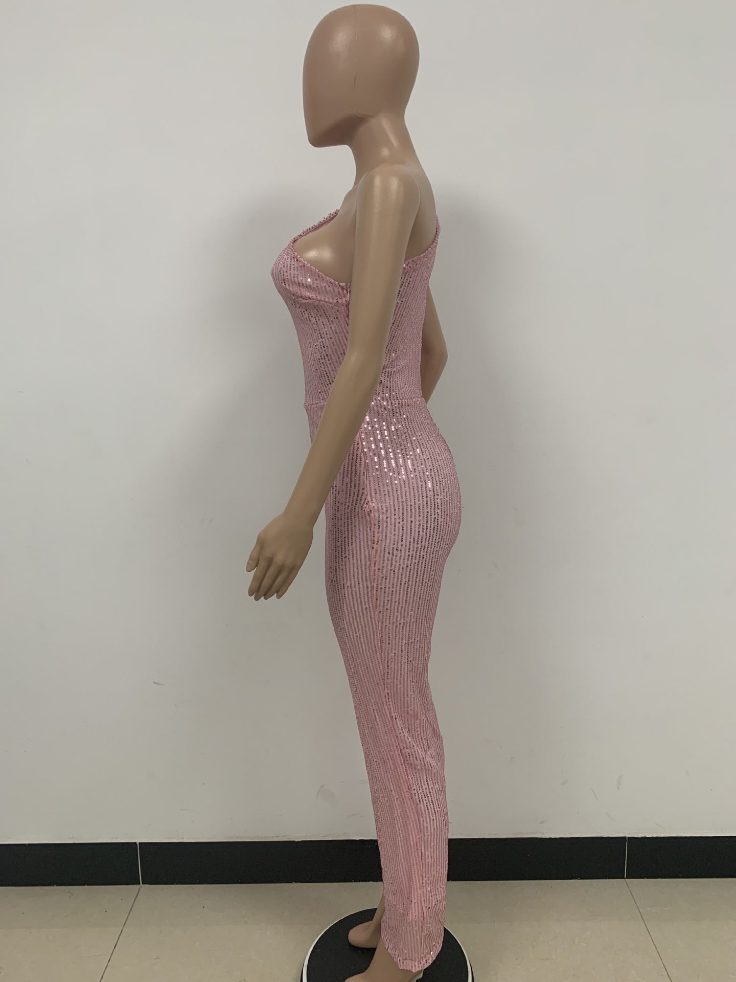 Women's Sleeveless One Shoulder Low Back Sequined Jumpsuit 66