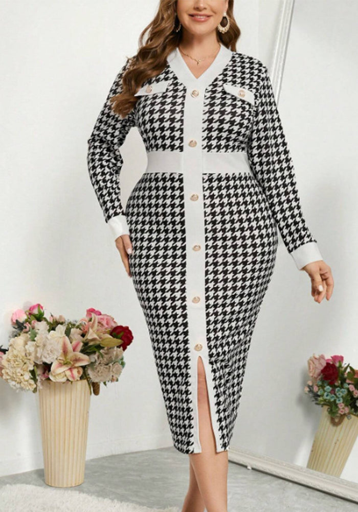 Houndstooth Buttoned Long-Sleeved Fashionable Chic Contrasting V-Neck Plus Size Dress