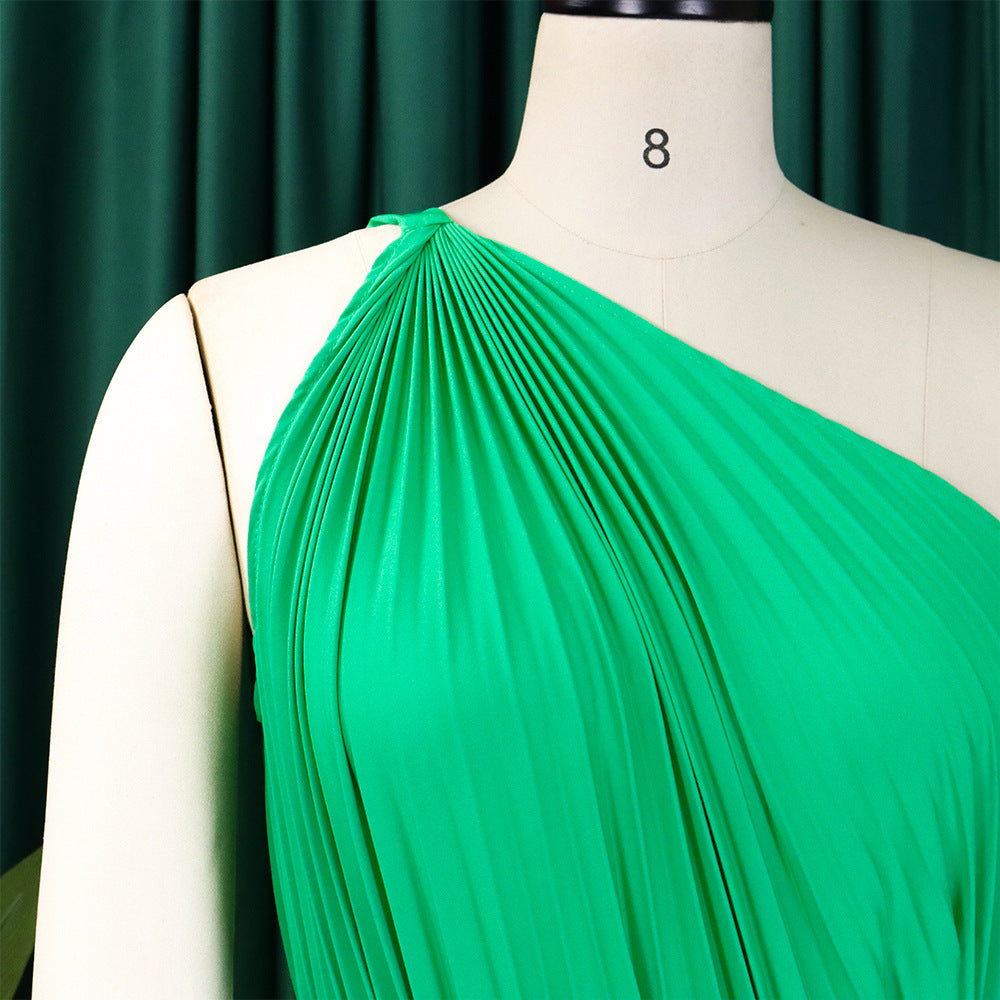 Women Summer Solid Slash Shoulder Lace-Up Loose Pleated Dress 27