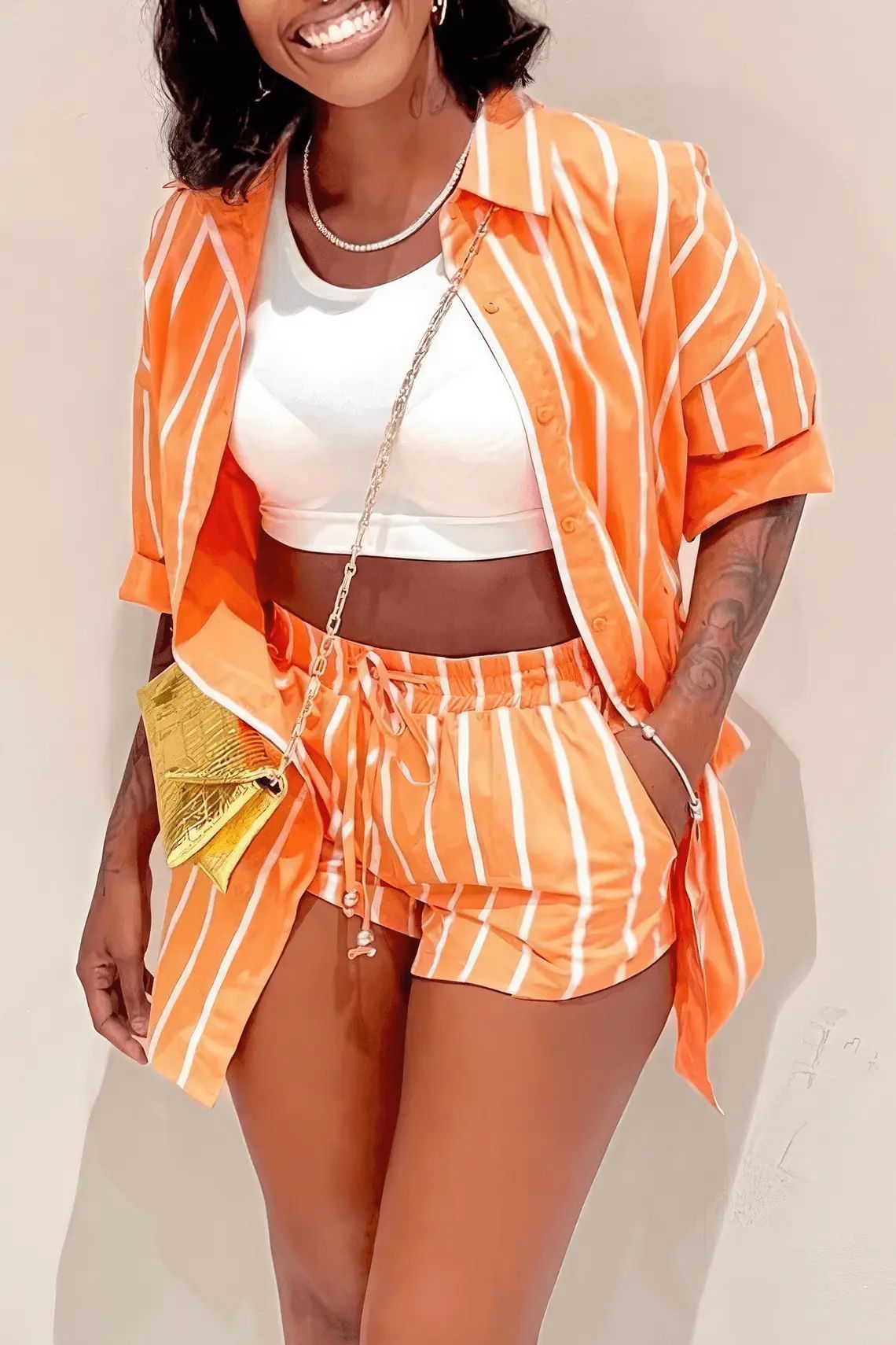 Women summer printed striped short-sleeved shirt + shorts two-piece set 4