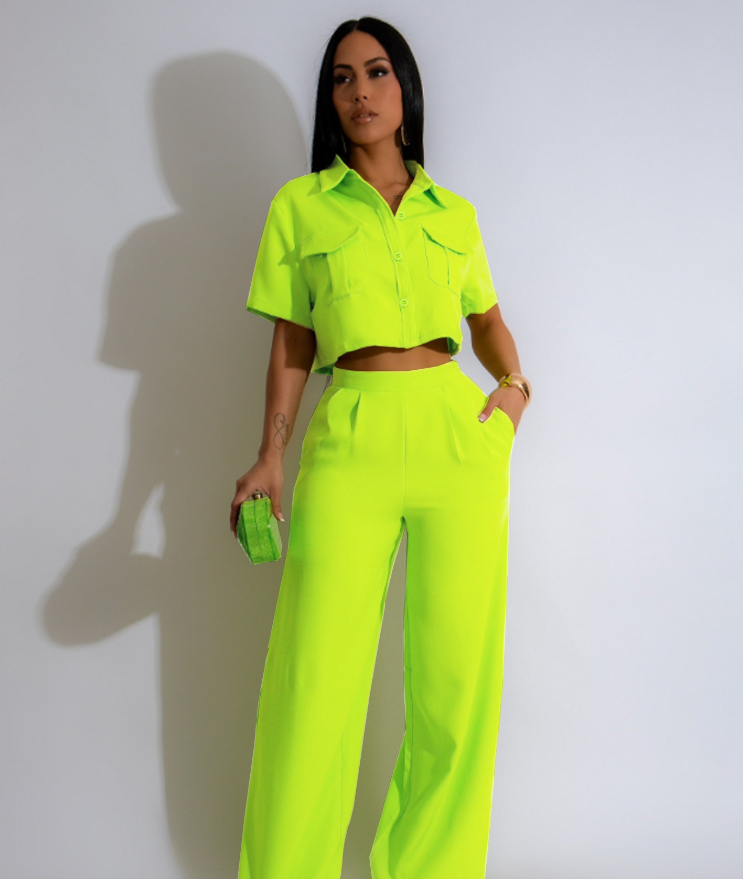 Women's Summer Fashion Turndown Collar Short Sleeve High Waisted Wide Leg Fashion Two Piece Pants Set