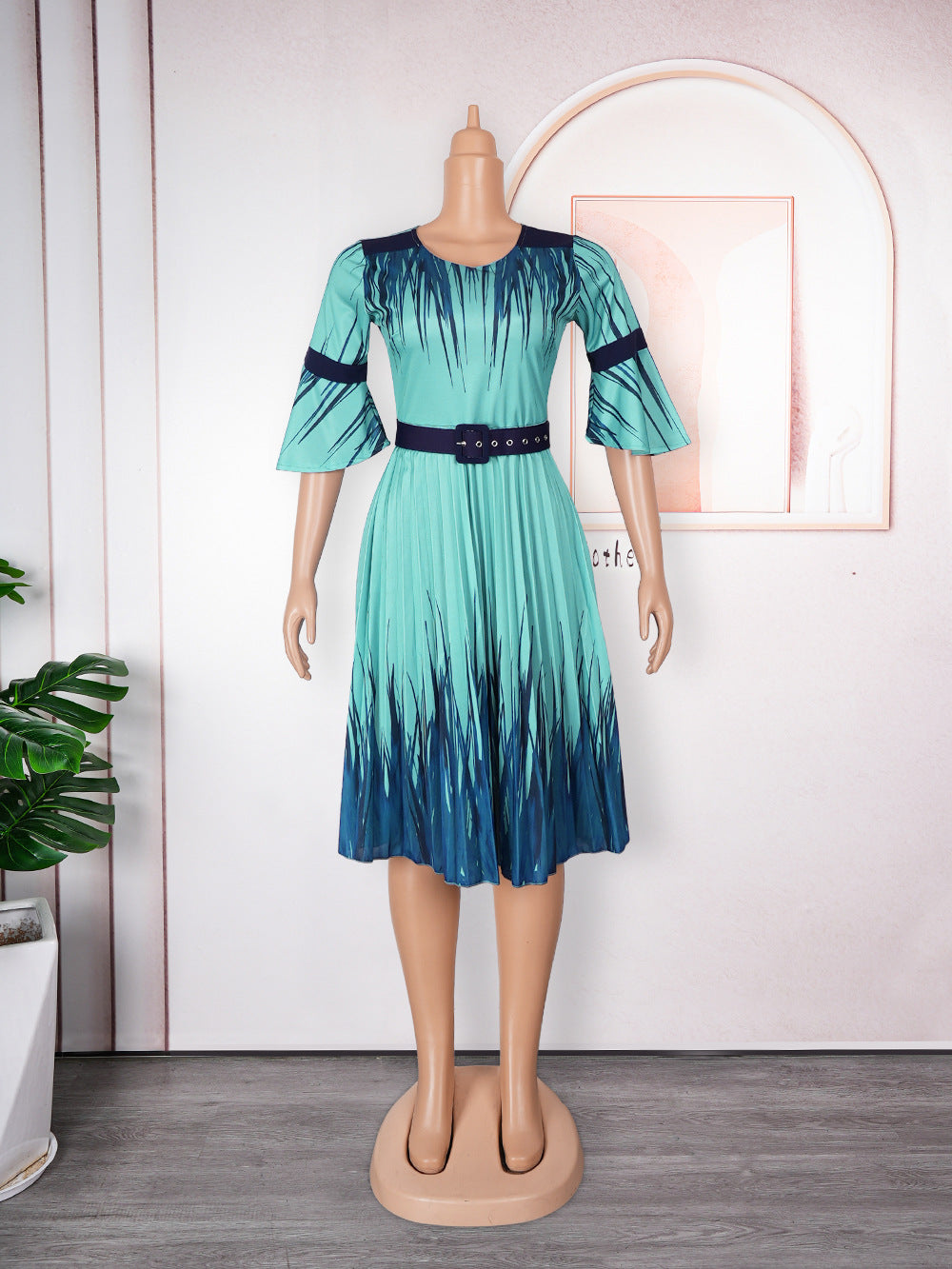 Plus Size African Dress Women High Waist Fashion Round Neck Printed Pleated Dress 17