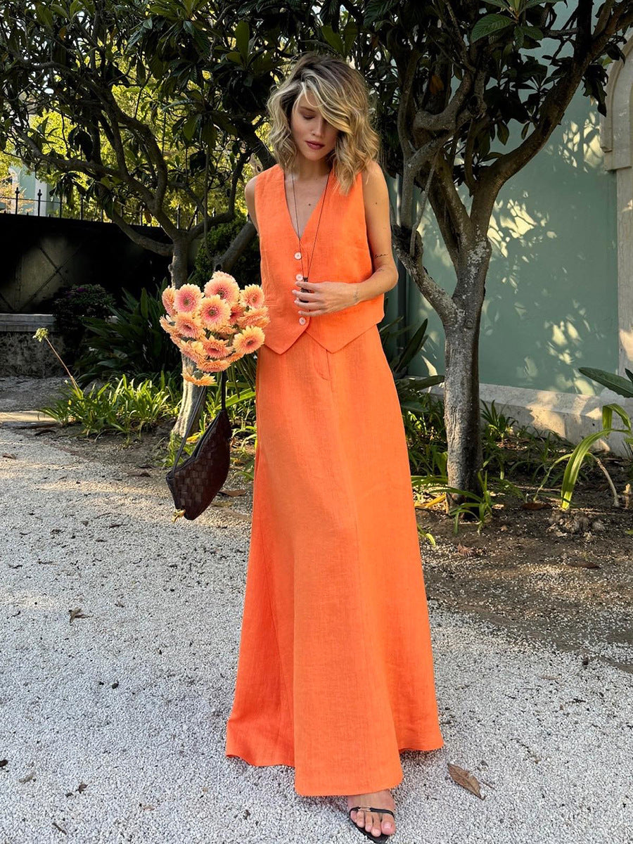 Women Orange Sleeveless Top and Skirt Casual Two Piece Set 4